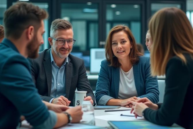 Foto des Virtuelle Welten Teams, das zusammenarbeitet